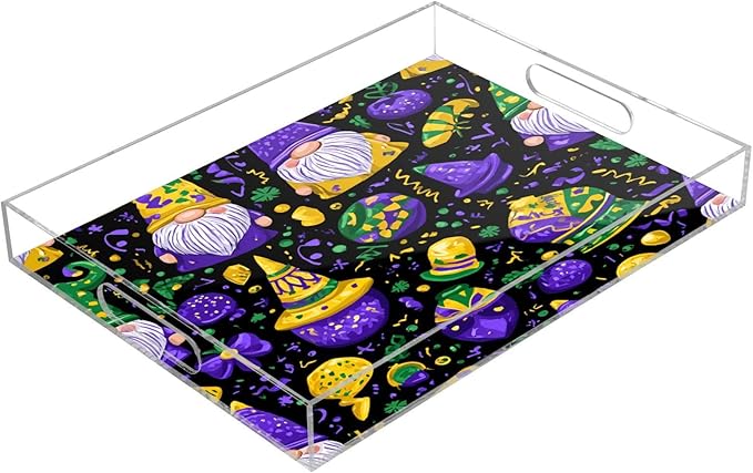 Serving Tray with Handles Clear Acrylic Tray 12x16 Inch Decorative Rectangular Tray Organizer for Ottoman Coffee Table Bathroom Purple Mardi Gras Gnome