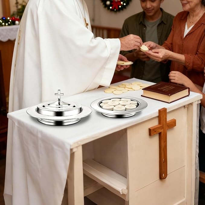 Silver Communion Bread Tray with Lid, Stainless Steel Holy Communion Tray for Churches, Polished Church Supplies Ware (304 Stainless)