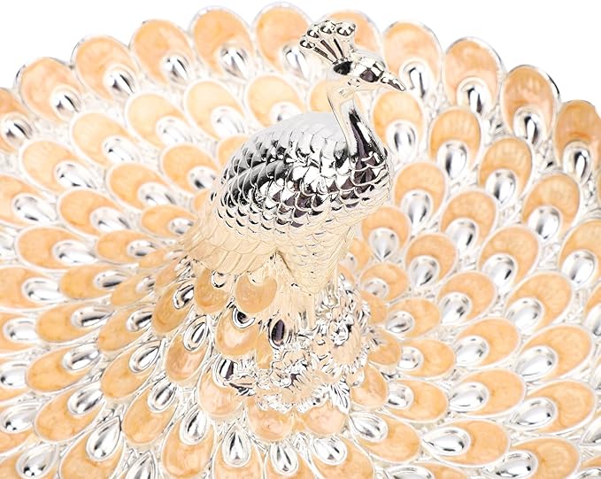 Zerodis Decorative Peacock Serving Tray, Zinc Alloy Fruit Platter, Elegant Storage Centerpiece for Home Kitchen Table, Snacks Cookies Display (Silver Orange)
