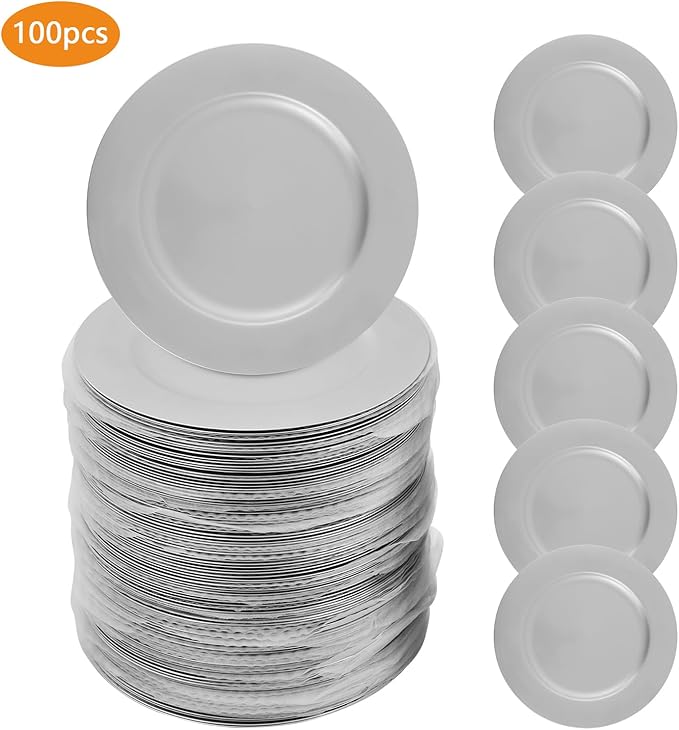 Sliver Plastic Charger Plates Set of 100, 13” Reusable Party Chargers for Dinner Plates, Elegant Round Service Plate Chargers Bulk Decorative for Wedding, Catering Table Decor
