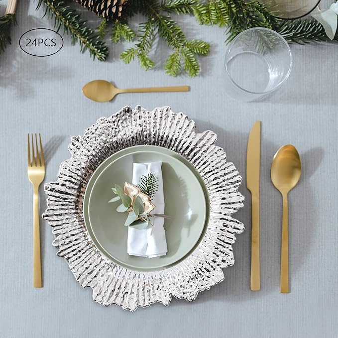 24 PCS Charger Plates Bulk, 13 Inch Floral Reef Plastic Charger Dinner Plates Round Service Plates Decorative Chargers Bulk for Table Setting Wedding Party Event(Silver)