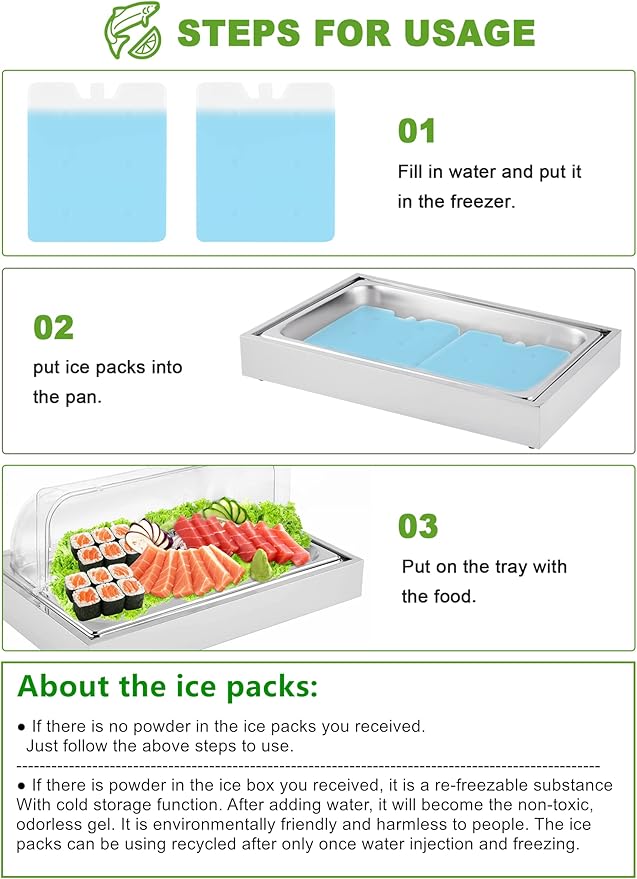 Ice Food Serving Display Tray with Clear Roll Top Cover Buffet Cold Serving Cooler Platter w/ 2 Ice Packs Cooling Food Dishes Display Plate Case with Lid for Seafood Fruit Party Buffet Tray