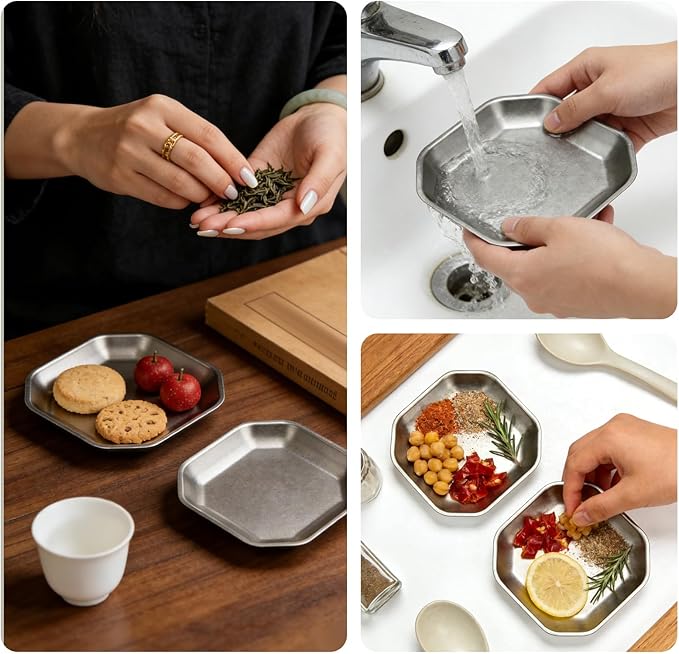 Stainless steel appetizer plates, thickened silver square platters 5.9x5.9 inches, for appetizers, sushi, desserts, fruits, and snack bites, 4-piece set