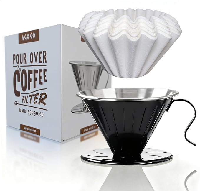 AGOGO Portable Pour Over Coffee Maker V60 Set - Easy Cleaning Compact 304 Stainless Steel Dripper for Camping & 50 Filters Paper & Cleaning Rag Black V60