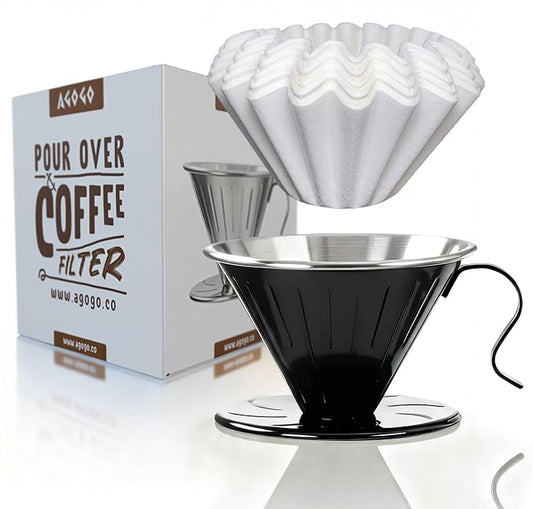 AGOGO Portable Pour Over Coffee Maker V60 Set - Easy Cleaning Compact 304 Stainless Steel Dripper for Camping & 50 Filters Paper & Cleaning Rag Black V60