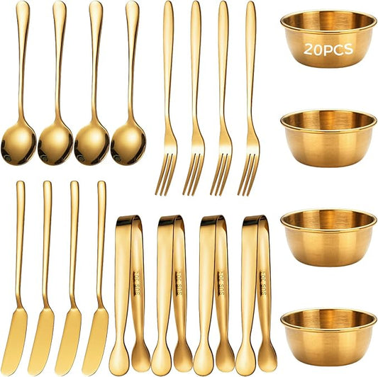 20-Piece Charcuterie Serving Set, Gold Stainless Steel Flatware, Spoons, Forks, Butter Knives, Clips, Bowls Included, Perfect For Entertaining At Picnics & Parties