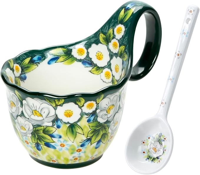 OZY Handpainted Soup Bowl with Handle,Ceramic Cereal Bowl Great for Soup, Ice cream, Fruits,Snack,Microwave &Dishwasher Safe (Green)