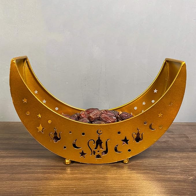 Eid Mubarak Moon Star Tray, Ramadan Decoration Ramadan Trays, Muslim Wooden Plate Tray Moon Star Shaped Food Fruit Serving Tray, Eid Mubarak Dessert Tray for Ramadan Festival Party(Golden A2)