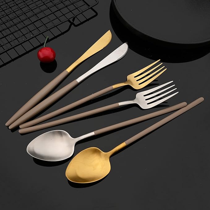 JASHII Slim Handle Silverware Set 20 Pieces, 304 Stainless Steel Colorful Flatware Set, Titanium Plating Cutlery Set, Utensil Sets for Home Dinner Service for 4, Dishwasher Safe - Brown&Silver