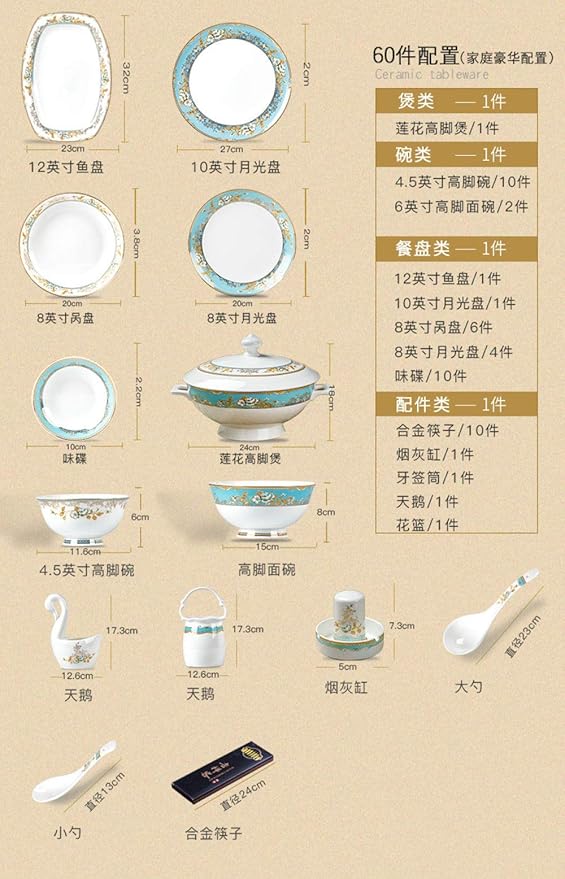 Jingdezhen Ceramic Dinnerware Set Kitchen Tableware Dinner Dish Ceramic Plates and Dishes Bowls 60pcs combination-60pcs WHITE