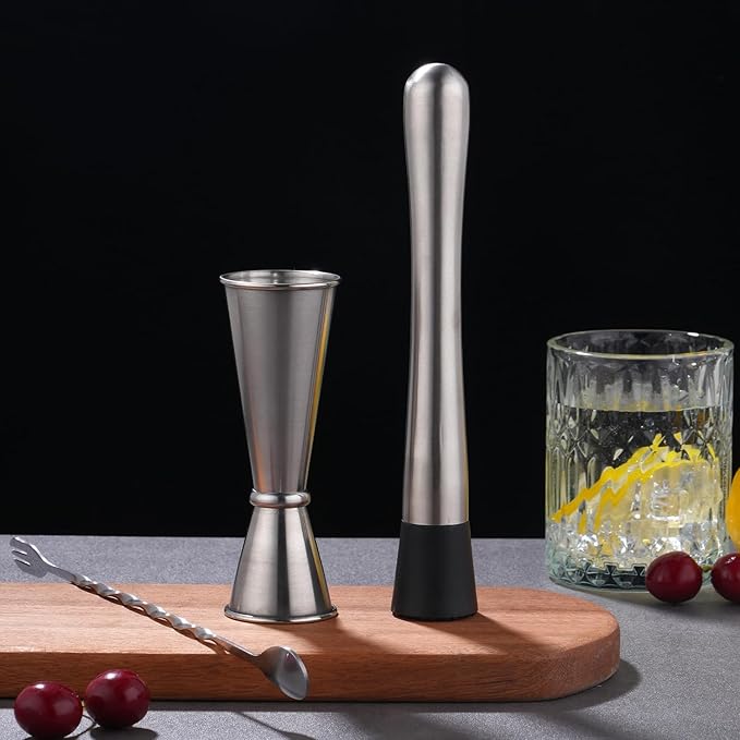 Muddler for Cocktails, 10 Inches Bar Spoon, 1 oz 2 oz Double Jigger- Premium 3 Piece Silver Mixing Tools Set for Drinks