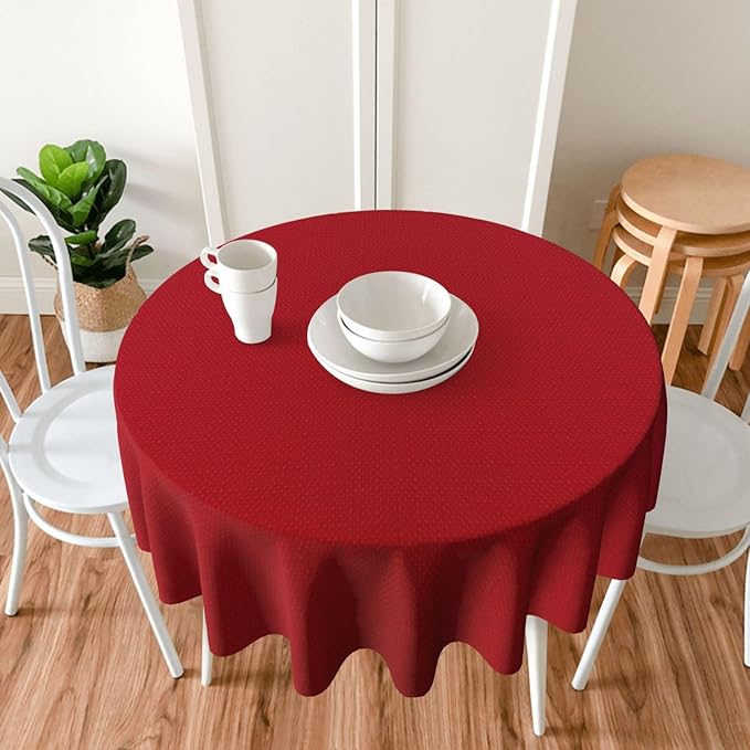Round Christmas Tablecloth Spill Proof Wrinkle Free Washable Textured Fabric Table Cloth, Faux Linen Table Cover for Xmas, Holiday, Winter, Party, Banquet, Indoor, Outdoor (70 Inch Round, Red)