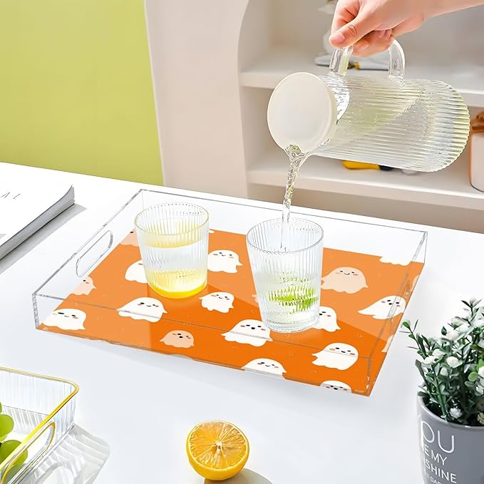 Serving Tray with Handles Clear Acrylic Tray 12x16 Inch Decorative Rectangular Tray Organizer for Ottoman Coffee Table Bathroom Halloween Ghosts Orange