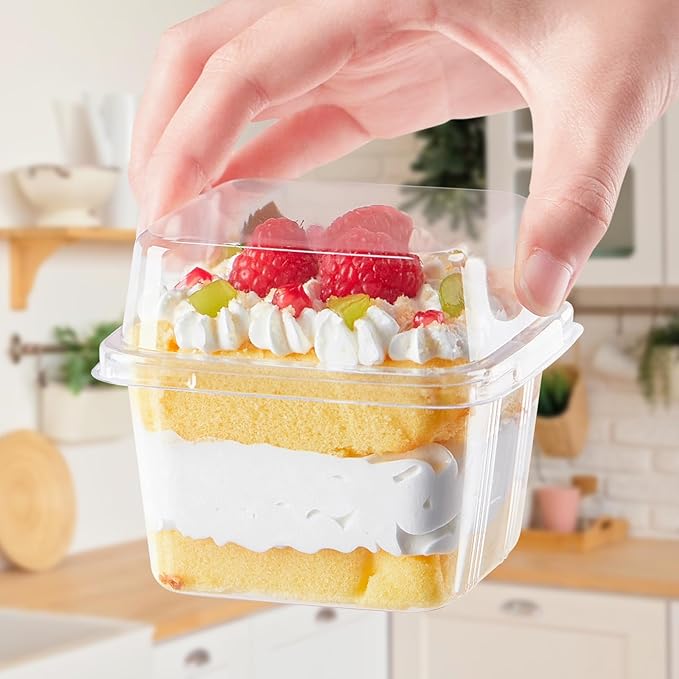 Kucoele 50 Pack 8 oz Plastic Dessert Cups with Lids and Sporks, Clear Square Cake Cups Dessert Containers for Pudding Parfait Fruit Yogurt and Shortcake