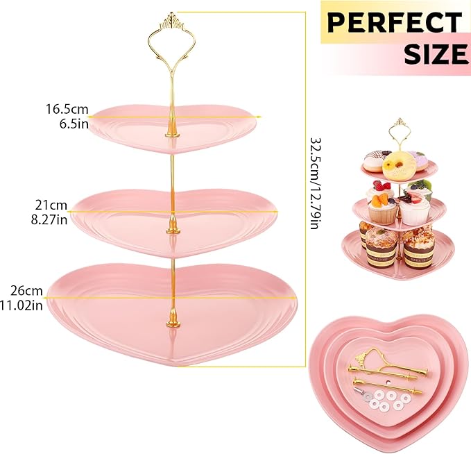 Layhit 1 Pack Valentine's Day 3 Tier Cupcake Stand Heart Shaped 3 Tiered Serving Trays for Party Plastic Tray Dessert Cupcake Stand for Tea Party Baby Shower Wedding (Pink)