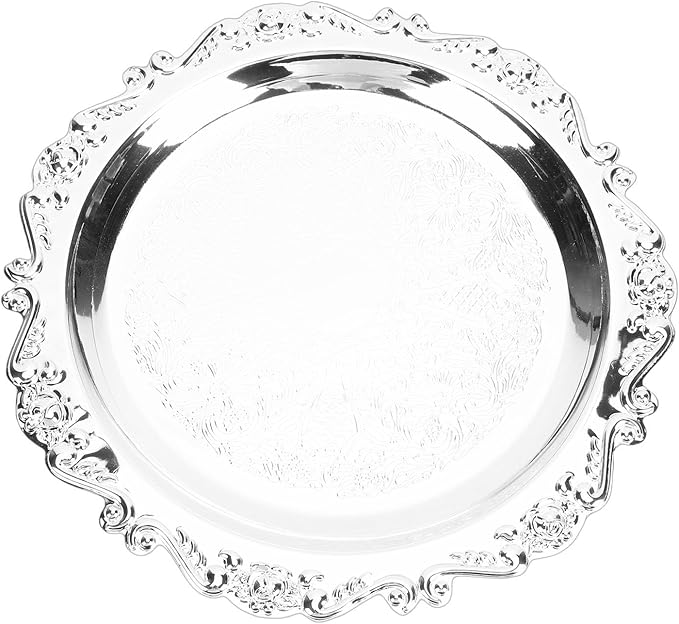 Asixxsix Asixxsix Silver Serving Tray, Vintage Floral Engraved Decorative Tray with Floral Design for Party Food Appetizers Desserts Fruits Whiskey Charcuterie (25cm) (25cm)