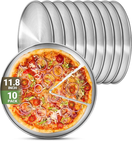 Stainless Steel Plates, 10 Pack 11.8 inch 304(18/8) Metal Food Serving Plate Set, Reusable Snack Eating Dishes Round Shatterproof Plate Silver BBQ Dinner Lunch Dinnerware Oven Dishwasher Safe