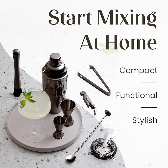 Mixology & Craft 11-Piece Cocktail Shaker Set with Wood Stand | Complete Cocktail Kit Gift Set | Top Bartender Gifts for Men & Women | Leak-Proof Tools (Gun-Metal Black)