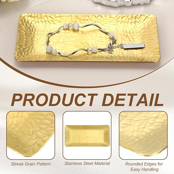 uxcell Decorative Tray, 5.9x3 Stainless Steel Rectangular Frosted Serving Tray with Hammer Pattern for Dessert Napkin Towel Candle Jewelry Bathroom Platter, Stackable, Gold