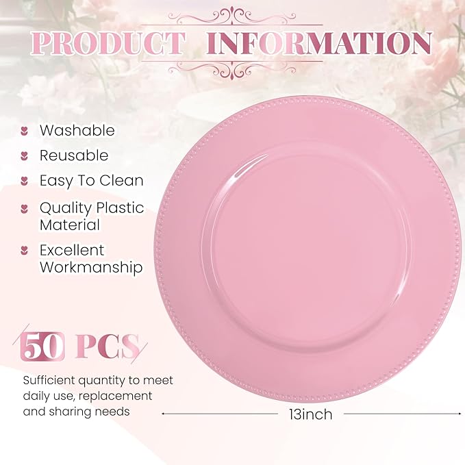 50 Pcs Pink Charger Plates Bulk, 13" Round Beaded Plate for Dinner, Decorative Plastic Table Chargers for Wedding, Holiday Party, Baby Shower, Event Decoration
