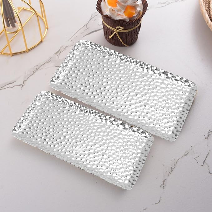 Hammered Stainless Steel Serving Tray, 19.5x9.5cm Rectangular Decorative Tray for Living Room Bedroom Kitchen Bathroom (Silver)