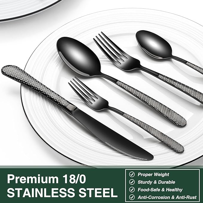 Black Hammered Silverware Set, 20-Piece Stainless Steel Heavy Duty Flatware Set for 4, Food-Grade Tableware Cutlery Set, Utensil Sets for Home Restaurant, Mirror Finish