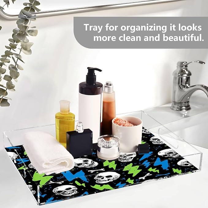 Serving Tray with Handles Clear Acrylic Tray 12x16 Inch Decorative Rectangular Tray Organizer for Ottoman Coffee Table Bathroom Skull Lightning Colorful