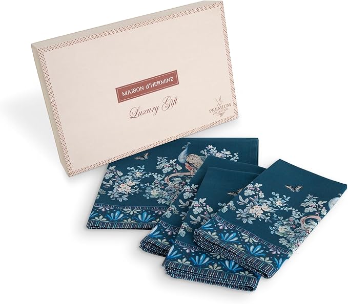 Maison d' Hermine Napkin 100% Combed Cotton Premium 20"x20" Decorative Washable Table Cloth Napkins Set of 4 for Dining, Holidays, Buffet & Wedding Use Campagne - Peacock Utopia - Deep Sea