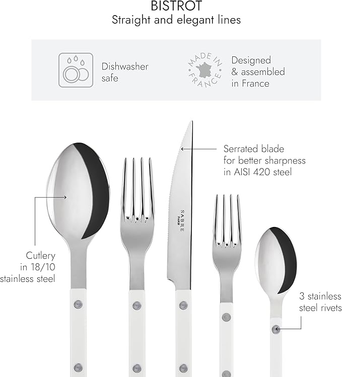SABRE PARIS - 5-Piece Flatware Set - Bistrot Collection - Knife, Fork, Soup Spoon, Teaspoon & Dessert Fork - Stainless Steel & Nylon - Dishwasher Safe - White - Brilliant Finish
