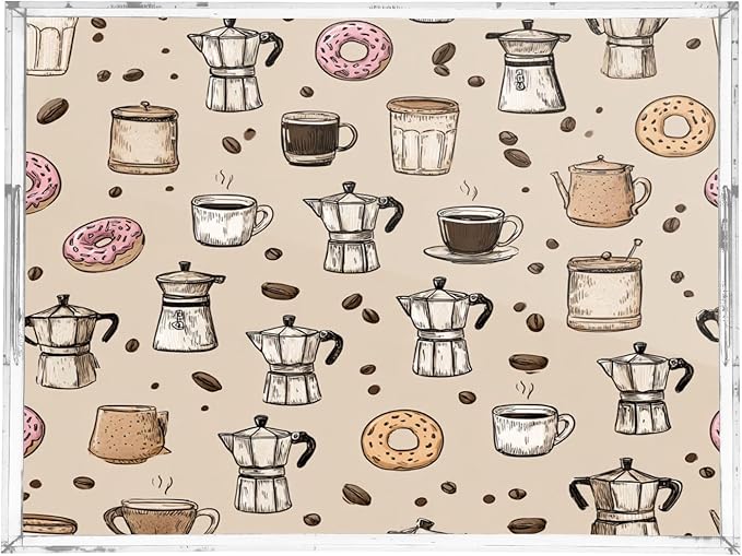 Serving Tray with Handles Clear Acrylic Tray 12x16 Inch Decorative Rectangular Tray Organizer for Ottoman Coffee Table Bathroom Beige Donut Coffee Cups and Moka Pots