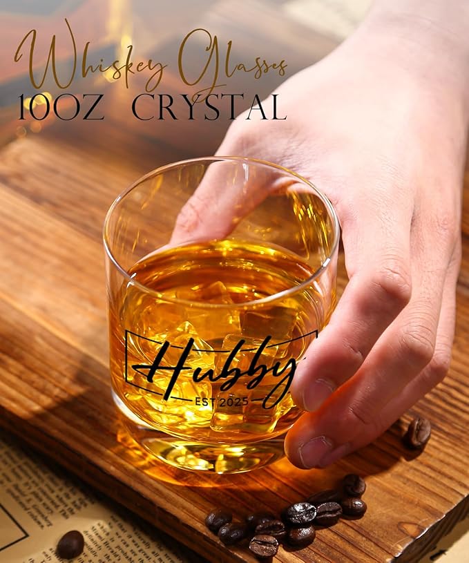 Wedding Gifts for Couples 2025,Bridal Shower Gifts, His and Hers Gift,Whiskey Wine Glasses with Diamond Wine Stopper Set，Anniversary Christmas Gift for Couples，Hubby and Wifey