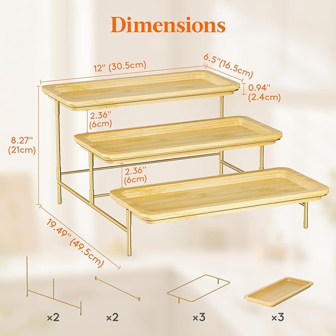 Lifewit 3 Tier Bamboo Serving Tray for Party Supplies, 12" x 6.5" Platters for Serving Food, Reusable Trays with Gold Metal Display Stand for Veggie, Fruit, Cookies, Dessert