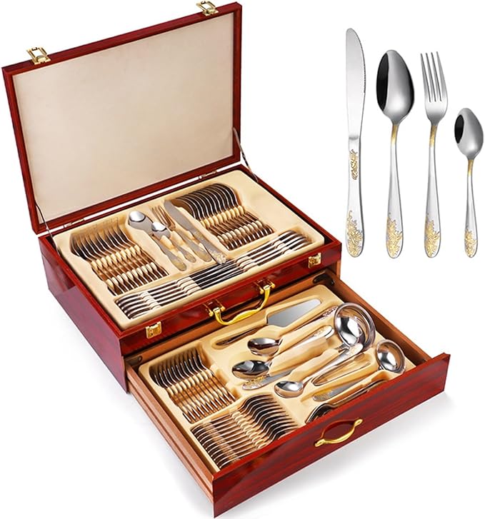 72/84 pcs Luxury Flatware Set with Gold Accents, Gold Flatware Serving Set for 12 for Formal Events, Parties, Tablewar in a Wooden Storage Case Chest(D,72pcs)