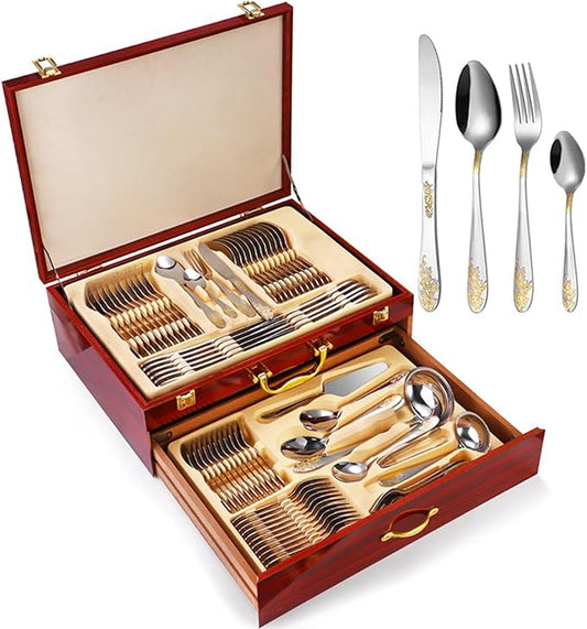 72/84 pcs Luxury Flatware Set with Gold Accents, Gold Flatware Serving Set for 12 for Formal Events, Parties, Tablewar in a Wooden Storage Case Chest(D,72pcs)