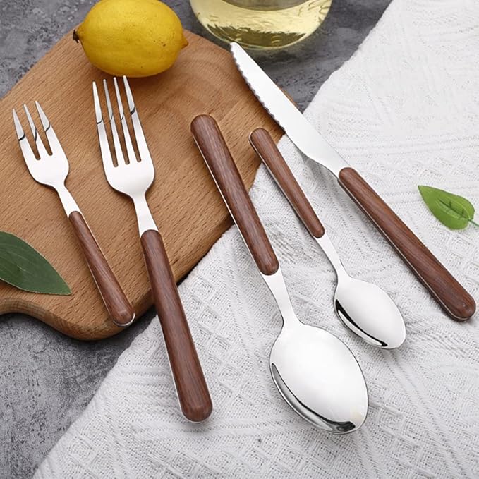 Wood Silverware Set for 12 Durable Stainless Steel Flatware Set 60 Piece Wooden Grain Cutlery Tableware Utensils Set for Home Kitchen Wedding Restaurant Knifes Forks and Spoons