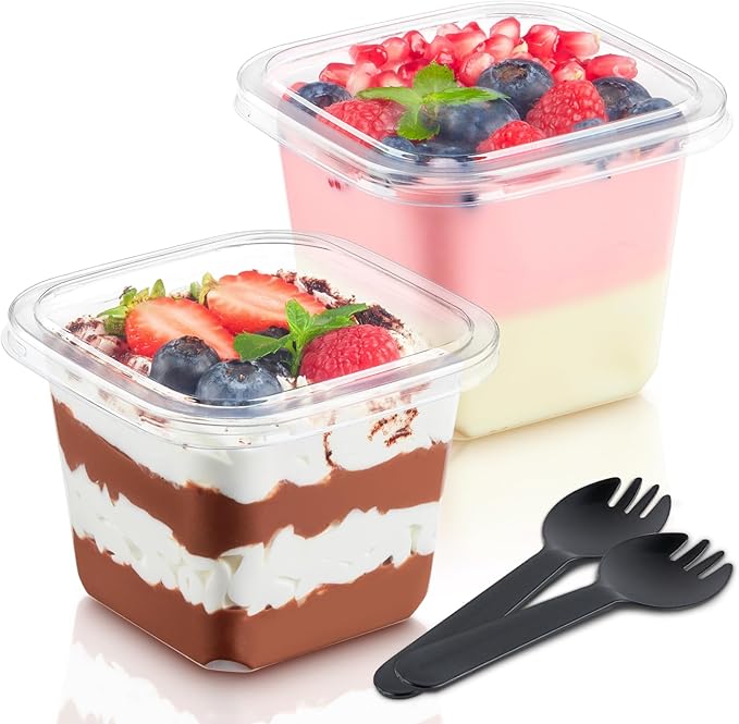 Kucoele 50 Pack 12 oz Plastic Dessert Cups with Lids and Sporks, Clear Square Cake Cups Dessert Containers for Pudding Parfait Fruit Yogurt and Shortcake