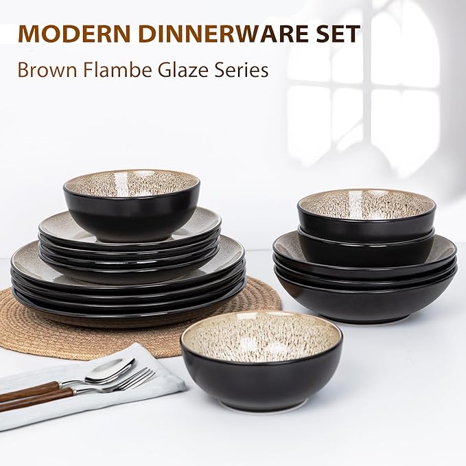 Plates and Bowls Sets for 8 - CJDC-QUELO 32-Piece Stoneware Dinnerware Sets, Ceramic Dishware Set for Indoor Kitchen Use and Formal Dining, Chip and Scratch Resistant Microwave Dishwasher Safe, Brown