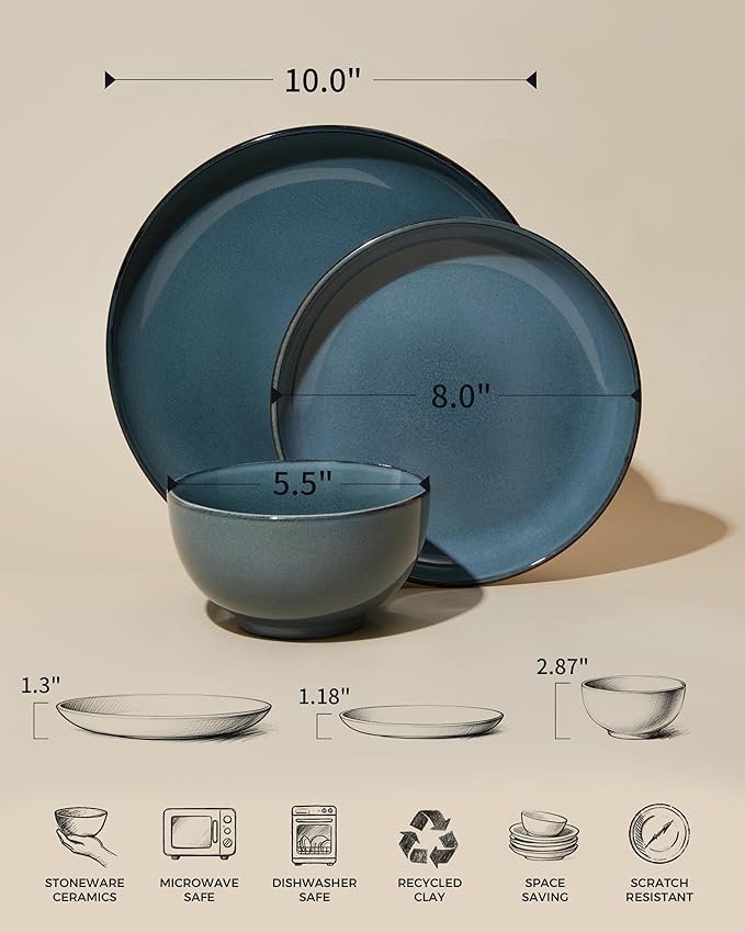 Santorini Mist Terracotta Reactive Glaze Plates and Bowls Sets, Stoneware Dinnerware Sets, Microwave and Dishwasher Safe Ceramic Dish Set Service for 4, Jeans Blue