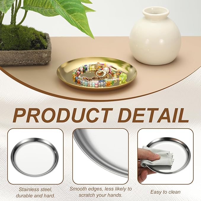 uxcell Round Serving Trays, 3.94" Stainless Steel Decorative Jewelry Dish, Small Vanity Tray for Bathroom Aromatherapy Candle Drink Plate,Silver