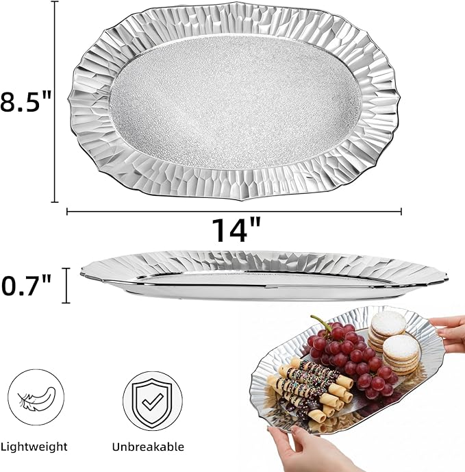 AVLA 6 Pack Plastic Serving Tray, Silver Serving Platter, Reusable Party Snack Serving Tray, Decorative Food Appetizer Platters for Dessert Table, Cupcake, Charcuterie, Cookies, 14" x 8.5"