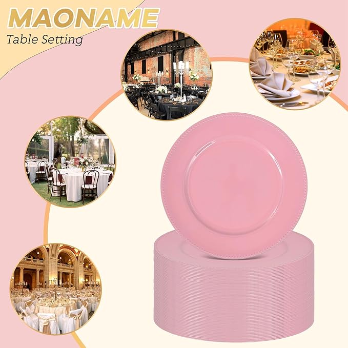 36 Pcs Pink Charger Plates, 13 Inch Round Plastic Chargers for Dinner Plates, Elegant Wedding Plate Charger Bulk, Reusable Chargers Serving Plates for Wedding Party Event Tabletop Decoration