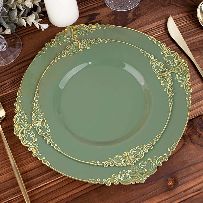 8" Salad Plates -Set of 10 - Plastic Dusty Sage Green Round Baroque Disposable Chargers Leaf Embossed Rim, Ideal for Dinner Party Wedding Bulk Events