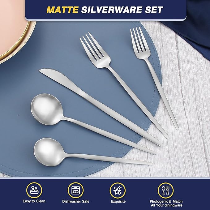 20 Pieces Silverware Set，Matte Stainless Steel Flatware Cutlery Set Service for 4, Stain Finish Kitchen Utensil Set，Include Dinner Knives Forks and Spoons Silverware, Dishwasher Safe