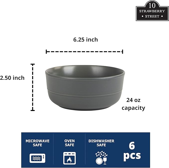 Double Line 6.25"/24 oz Cereal Bowl, Set of 6, Matte Gray