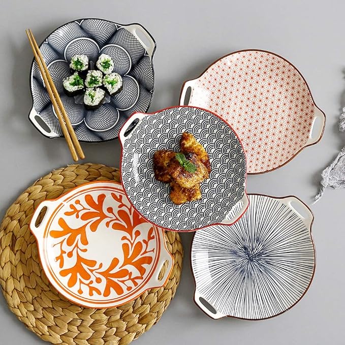 Ceramic Cutlery Salad Bowl Ceramic Double Handle Snack Plate Appetizer Plate Sushi Plate Underglaze Color Disc Universal Sauce Plate Fruit Plate Small Bowl (Color : E)
