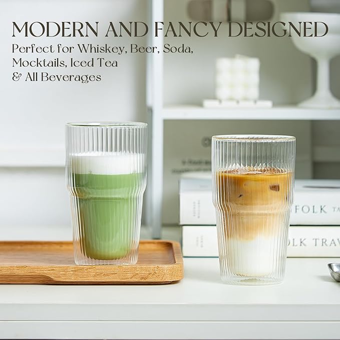 KEMORELA Set of 4 Ribbed Double-Walled Glass Cups, 16 oz / 480 ml Insulated Tumblers for Iced Coffee, Latte, Matcha, Smoothies & Bubble Tea – Clear Vertical Stripe Glassware, Dishwasher Safe