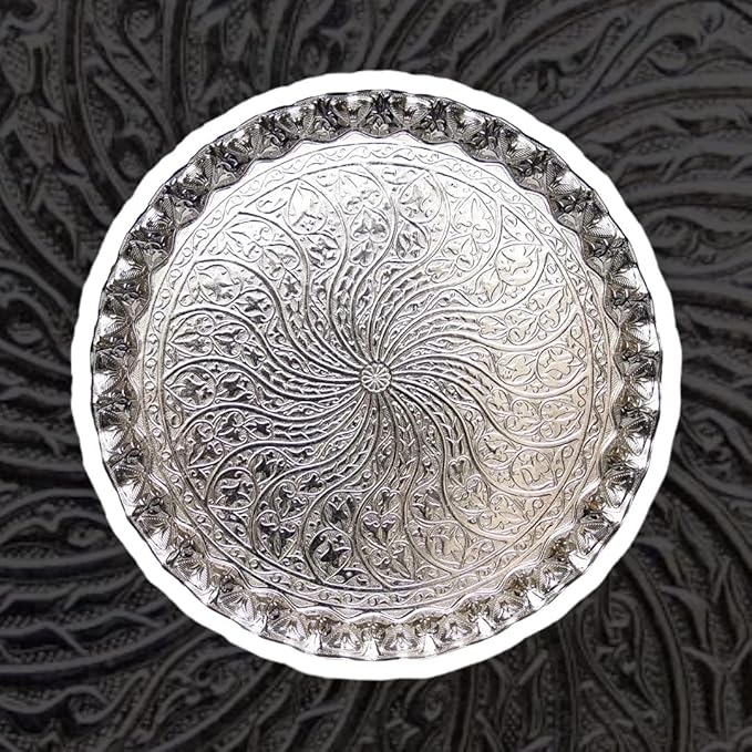 Alisveristime Turkish Ottoman Coffee Tea Serving Tray – 11.8 Inches, Wavy Zamac Tray with Traditional Motifs, Available in Five Color Variations (Silver)