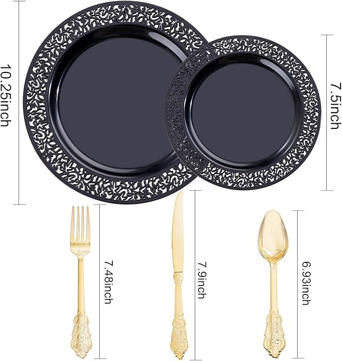 U-QE 150PCS Black Plastic Plates with Gold Plastic Silverware, Black New Years Plates Disposable for Party Include 30 Dinner Plates 10.25", 30 Salad Plates7.5", 30 Forks, 30 Knives, 30 Spoons