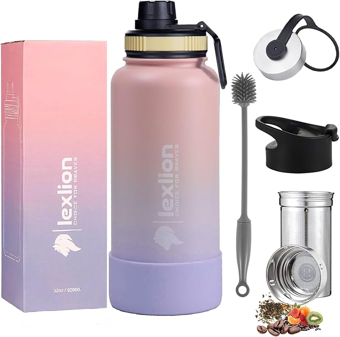 Lexlion Tea Infuser Water Bottle 32 Oz – Triple Wall Insulated Stainless Steel, Loose Leaf & Fruit Strainer, 3 Leakproof Lids, BPA-Free Silicone Sleeve, Reusable Thermal Mug