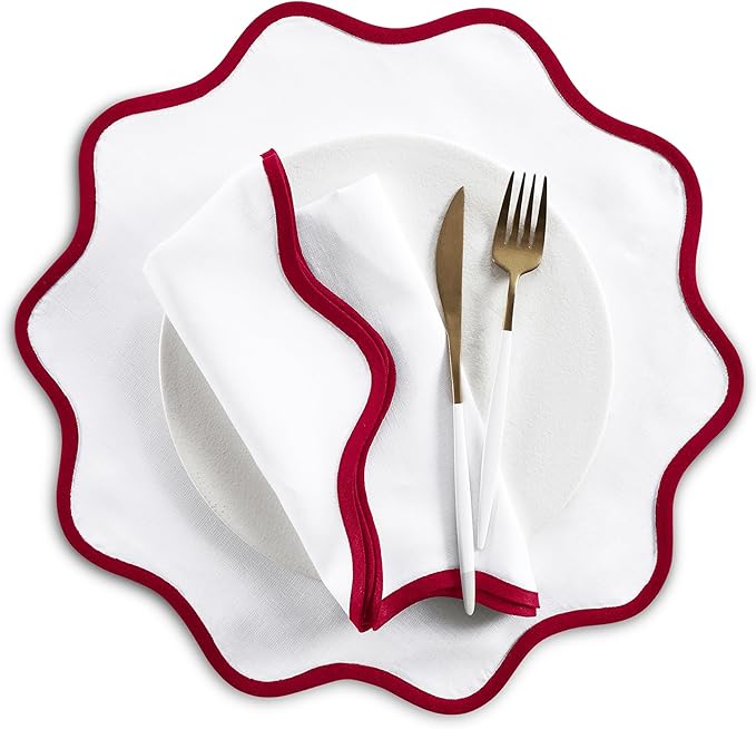 Solino Home Scallop Linen Napkins Set of 4-100% Pure Linen Red and White Dinner Napkins Cloth 20 Inch - Giselle Scallop Edge, Handcrafted and Machine Washable - Christmas, New Year